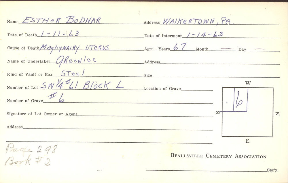 Esther Bodnar burial card